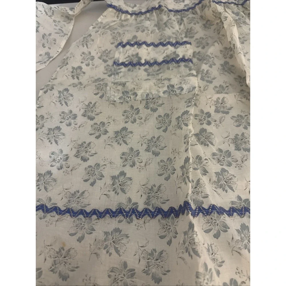 Handmade White Linen Apron Blue Floral‎ Embroidery Adjustable Tie Waist